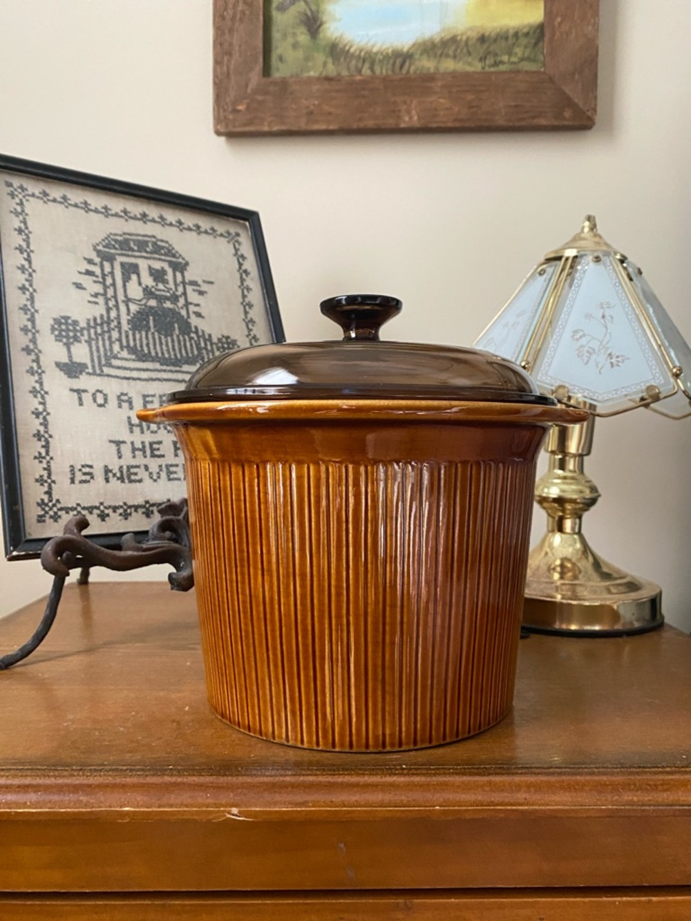 Vintage Rival 1970s Stoneware Slow Cooker Insert with Pyrex Glass Lid — OS